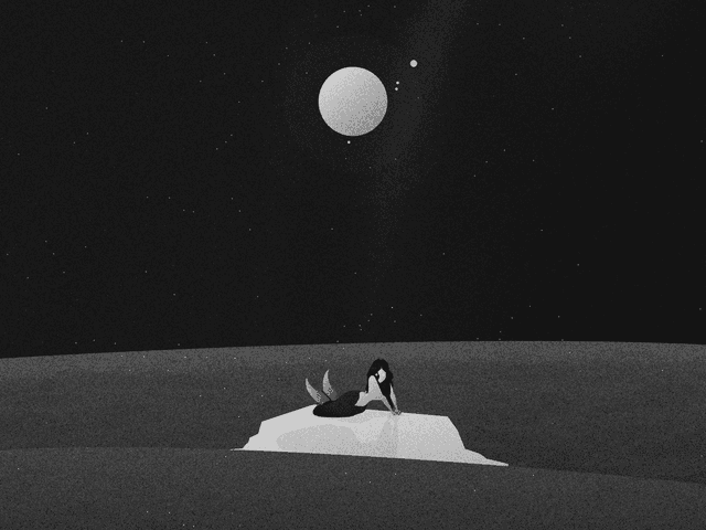 A mermaid sitting on a rock in the middle of the sea, gazing at a large moon surrounded by stars.