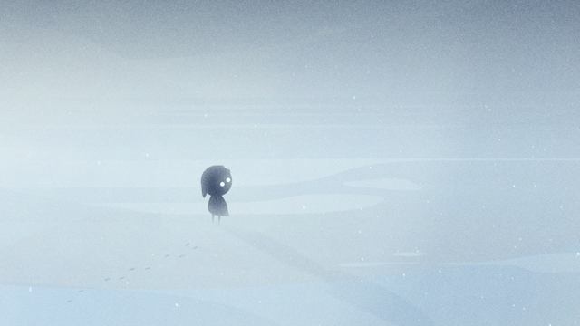 A solitary cartoon-like figure with large white eyes stands in a vast snowy landscape, leaving a trail of footsteps behind.
