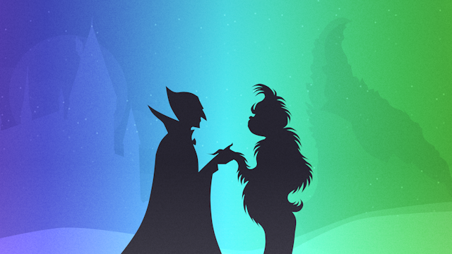 Silhouetted figures resembling classic characters (Dracula on the left and Grinch on the right) with pointed ears and furry outlines stand facing each other, with a colourful gradient background suggesting a mysterious encounter.