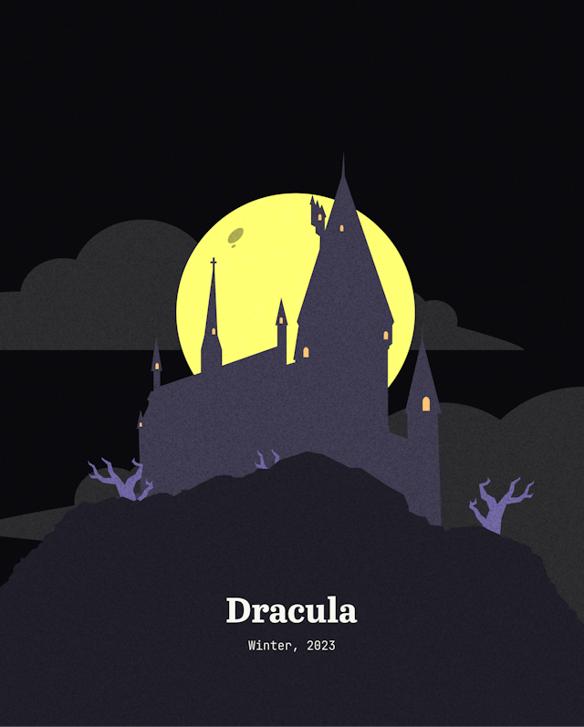 A graphic poster titled 'Dracula' with a minimalist castle on a hill under a yellow full moon in a starry night sky, dated Winter, 2023.
