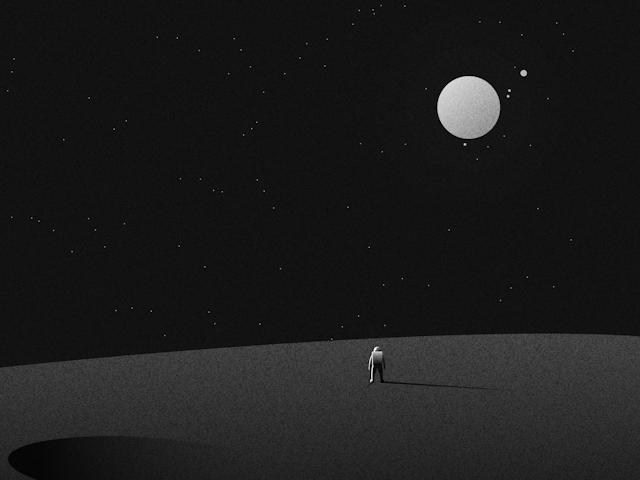 A stylized cosmonaut in a white suit stands on a dark lunar surface, staring into the vast space with a large white moon in the backdrop.